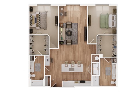 a stylized floor plan of a home with a bedroom and a living room